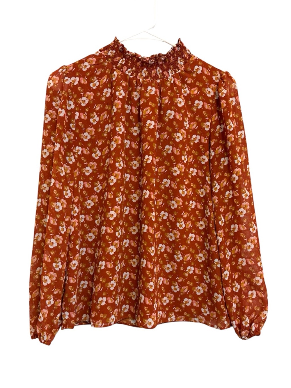 2/$30 J.Crew Floral Smocked Neck Blouse XS Rust Orange Long Sleeve Boho Top
